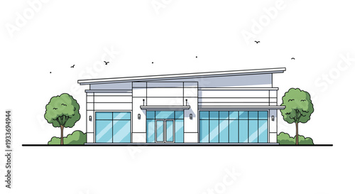 Modern single-story commercial building with large glass windows and minimalist architecture surrounded by small trees and birds.