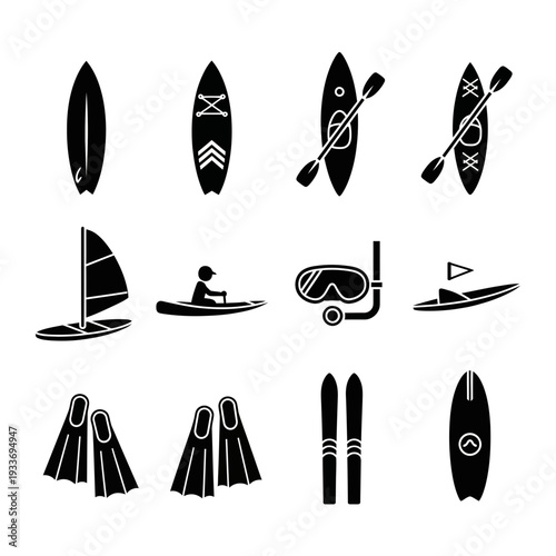Black and white icons of various water sports equipment and activities