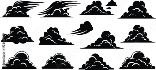 Black Cloud and Storm Silhouette Collection with Windy Sky Shapes Isolated on White Background Vector Set