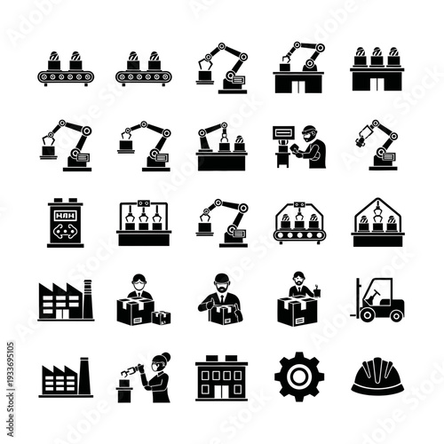 A collection of black and white icons depicting industrial and construction scenes