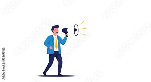 Businessman in a blue suit walking and speaking loudly into a megaphone to make an announcement or lead a protest.