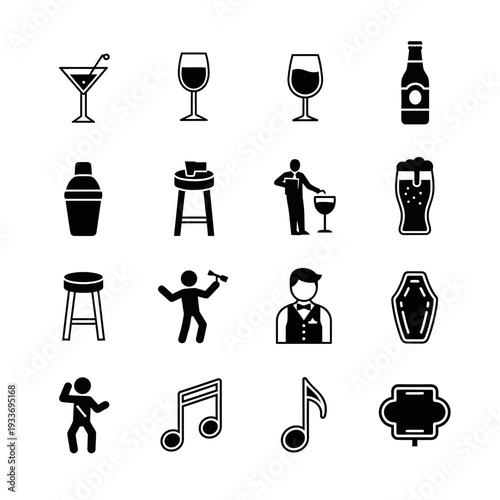 A collection of black and white icons related to bar and nightlife