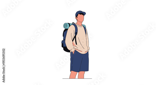 Young male backpacker standing with a large blue backpack and sleeping mat ready for a travel or hiking adventure.