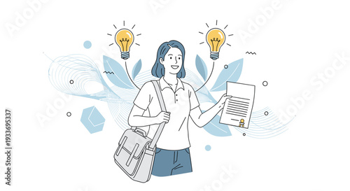 Happy woman with a shoulder bag holding an official document with glowing light bulbs representing new ideas and success.