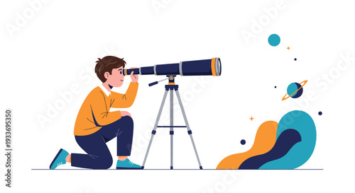 Young boy kneeling on the ground and looking through a telescope at a planet with rings and a starry night sky.