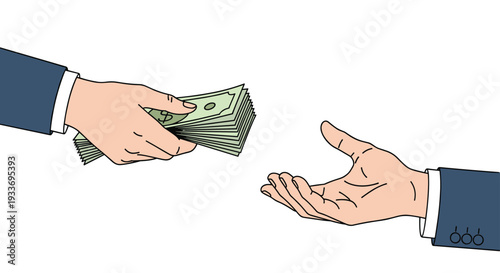 Close up of two business hands exchanging a large bundle of dollar bills on a white background in a detailed style.