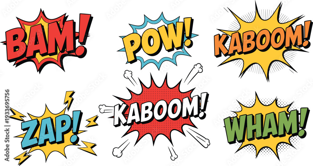 Fototapeta premium Colorful comic sound effect words in bold letters with dynamic burst sound effects kaboom