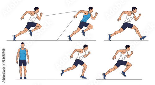 Motion sequence illustration of a male runner in various stages of a running stride for sports and fitness study.
