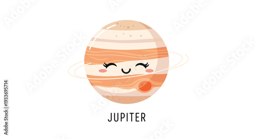 Cute anthropomorphic illustration of the planet Jupiter with a happy smiling face and its iconic atmospheric rings.