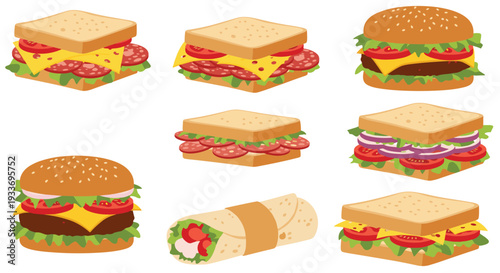 Delicious variety of fast food items including sandwiches, burgers, and wraps with fresh vegetables and meats on white background.
