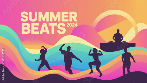 Silhouettes of people dancing and surfing on colorful waves at sunset with summer text