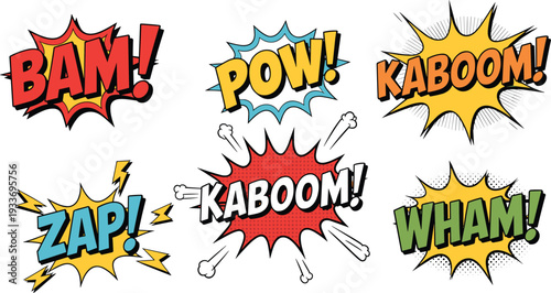 Colorful comic sound effect words in bold letters with dynamic burst sound effects kaboom