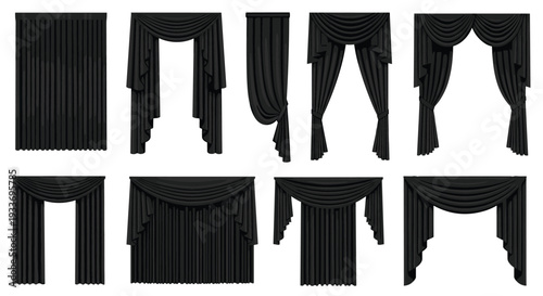 Set of elegant black window curtains and drapery designs with valances and pelmets shown in different styles on white background.