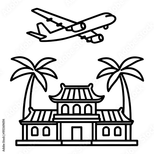Outline Airplane Flying Over Tropical Temple UI Icon for Web Interface