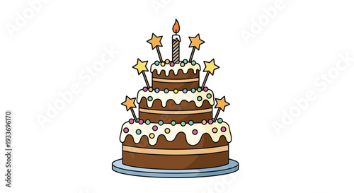 Delicious three-tier chocolate cake decorated with white frosting, colorful sprinkles, stars on sticks, and a burning candle on top.