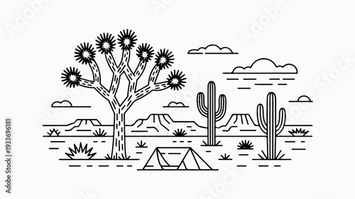 Camping in desert landscape with cactus and tent under cloudy sky at dusk