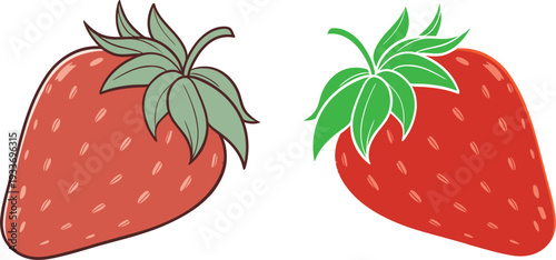Two red strawberries with green leaves on white background