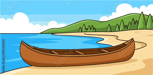 Wooden Canoe on Sandy Beach with Calm Blue Water, Green Hills and Clouds, Sunny Cartoon Vector Landscape Illustration