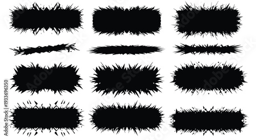Set of twelve different abstract black brush strokes and paint splatters with jagged edges arranged in a grid on white background.