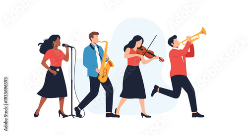 Group of musicians playing instruments and singing including a saxophonist, violinist, trumpet player, and a lead female vocalist.