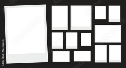 Set of blank white photo frames and polaroid style layouts arranged in a collage on a solid black background for presentation.