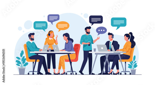 Diverse group of professional people working in a busy open-plan office with laptops, desks, and speech bubbles for communication.