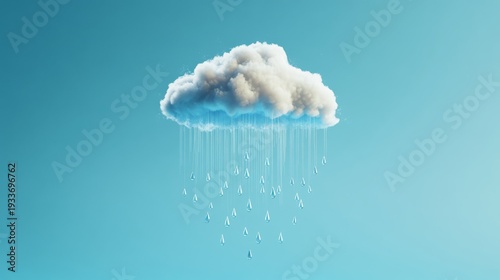 76.Minimalist design featuring a single fluffy cloud with teardrop-shaped raindrops in varied sizes descending onto a smooth sky-blue backdrop
