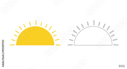 Sunrise Icon and Outline: Bright Yellow Sun Half Circle with Rays, Isolated on White