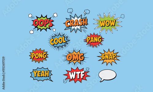 Colorful comic style speech bubbles with various exclamations on a blue background