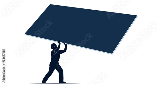Construction worker carrying large blue panel on white background
