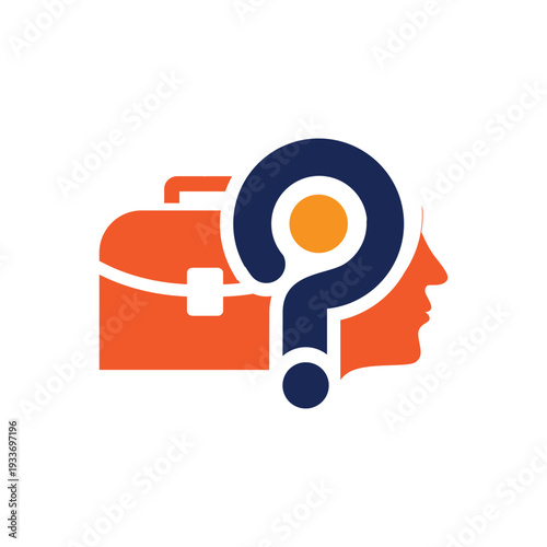 This is an abstract logo design depicting a human head with a question mark and a briefcase. The design symbolizes the duality of man choosing himself or his job first. 