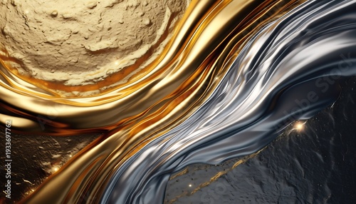 Luxurious abstract background showcasing dynamic interplay of shimmering golden liquid metal and polished silver fabric like waves, gracefully merging with contrasting rough granular gold textures