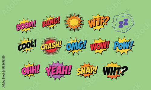 Colorful comic-style speech bubbles with various exclamations on a green background boom bang