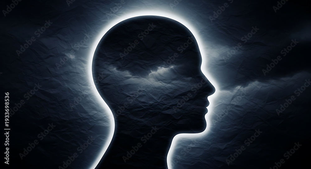 Obraz premium Silhouette of a persons head with a moon behind in a dark sky