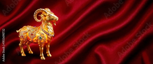 Ornate golden goat statue with gems for 2027 Chinese Zodiac. Sheep figurine on red silk background. Lunar New Year luxury and wealth concept