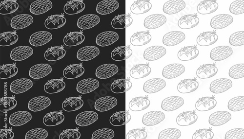 Steak and baked potato pattern. Seamless meat vegetable vector illustration. Grilled beef and potato background. Minimalist hand drawn line art. 