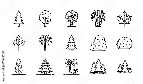 Modern forest and tree line vector icons for UI, website, and app design