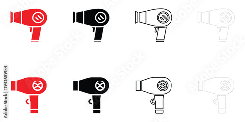hair dryer icon vector set, women lifestyle hair dryer symbol vector, silhouette and line art illustration