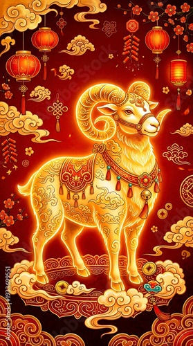 Golden ram with lanterns and cherry blossoms. Vertical illustration of Chinese zodiac year 2027 goat. Lunar new year festive background
