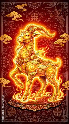 Golden goat on decorative pedestal for Chinese zodiac. Vertical illustration of year 2027 sheep. Traditional lunar new year prosperity concept