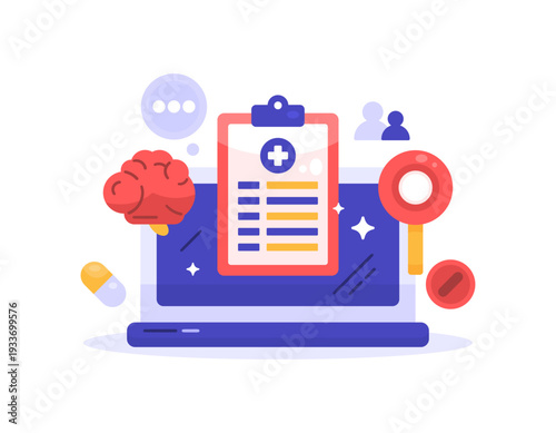 Online mental health consultation concept. Remote check-up and consultation. Medical services. Illustration of a health check-up report clipboard, laptop, magnifying glass, brain. Metaphor, flat style