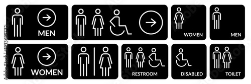 Toilet icons set. Men and women restroom icon sign right arrow. Disabled wheelchair icon. People icons. Vector Illustration