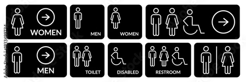 Toilet icons set. Men and women restroom icon sign right arrow. Disabled wheelchair icon. People icons. Vector Illustration