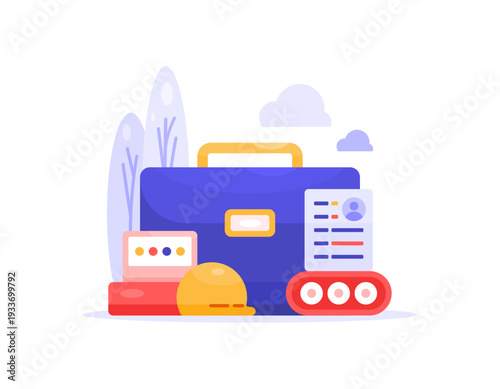 Job vacancy concepts for production operators and supervisors. Manufacturing and production management. Illustration of briefcase, production machine, worker safety helmet, CV symbol. Metaphor, flat 