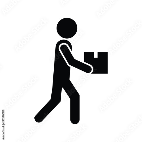 A simple black stick figure icon depicting a delivery person carrying a package box, symbolizing logistics, shipping, e-commerce, courier services, and efficient transportation.