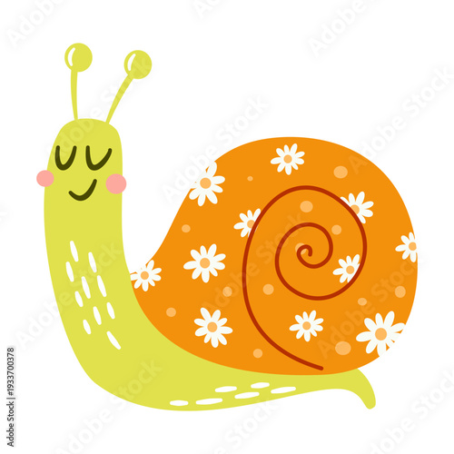 Cute bright snail, flat vector illustration in a simple children's style. Vector illustration
