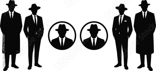 Black silhouette illustration of vintage men in suits and fedora hats, noir gangster style, retro mystery character artwork concept