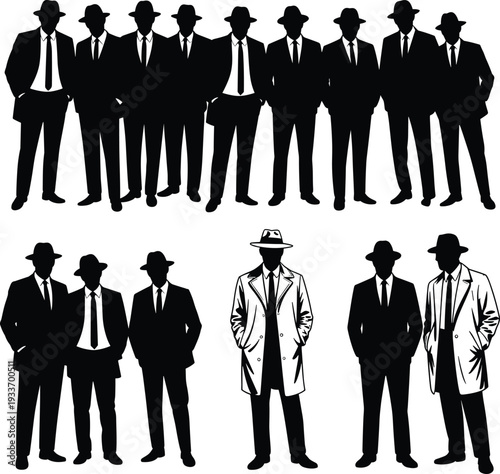 Silhouetted men in suits and fedoras, individuality with trench coats, concept of identity, mystery, conformity, investigation theme