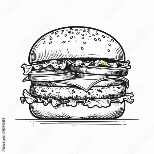 Hand-drawn sketch of a classic hamburger with all the fixings, including bun, patty, cheese, lettuce, tomato, and pickles, in a detailed line art style.