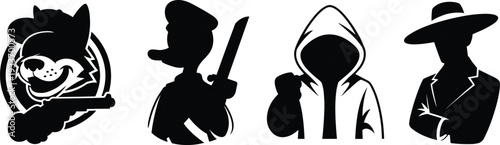 Stylized black and white mascot illustration set, gangster wolf with gun, military duck with sword, hooded fighter, vintage suit man